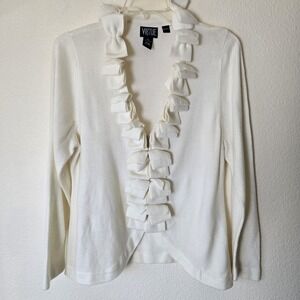 Vtg Virtue Women's Sz XL Ruffle Knit Cardigan Sweater Boho Coquette Y2k Full Zip